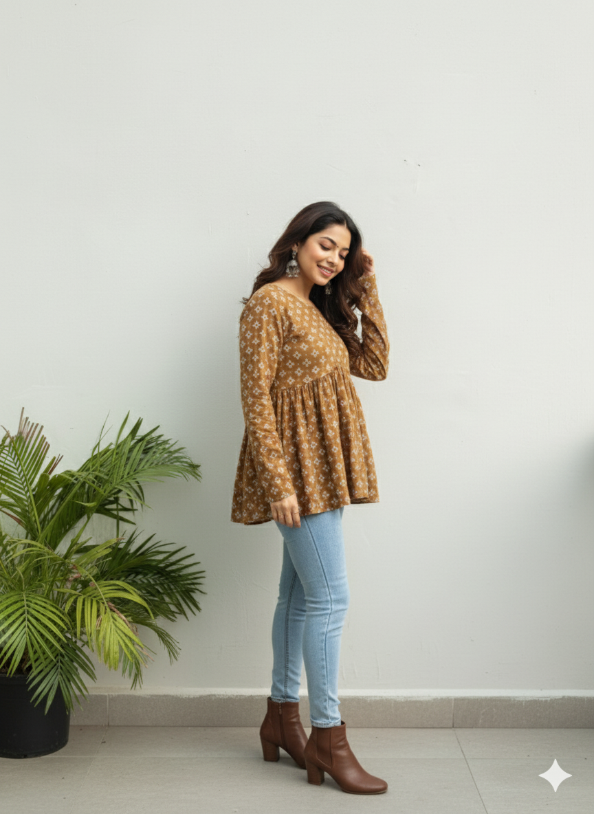 Cotton Printed Peplum Tunic | Round Neck, Long Sleeves, Hip Length