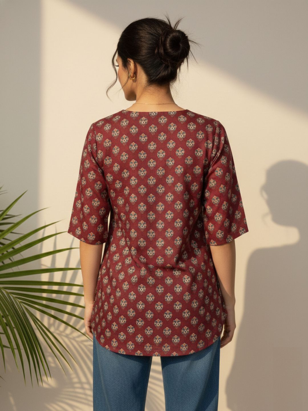 Deep Maroon Ethnic Motif Cambric Cotton Kurtis