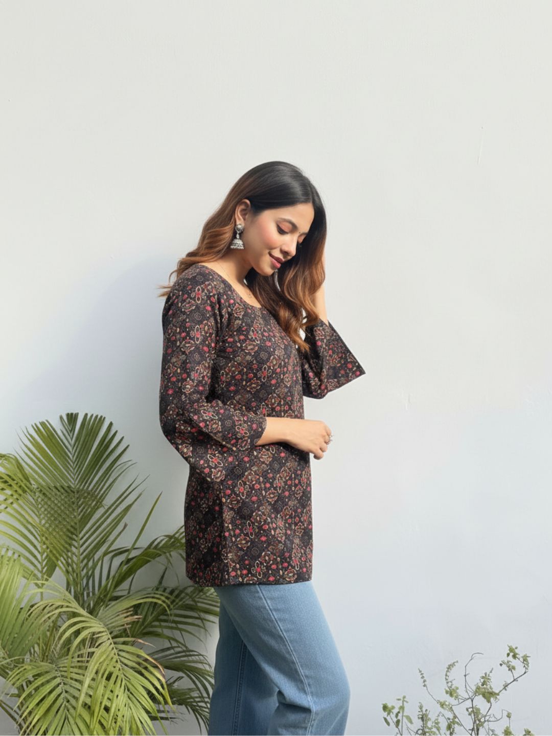 Black & Rust Floral Tunic – Square Neck, 3/4 sleeve