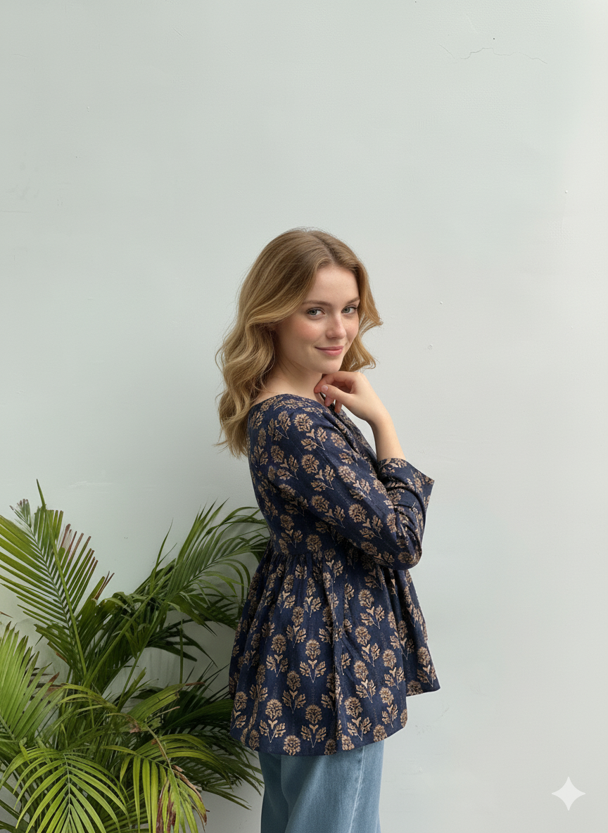 Cotton Printed Peplum Tunic | Navy Block-Style Floral