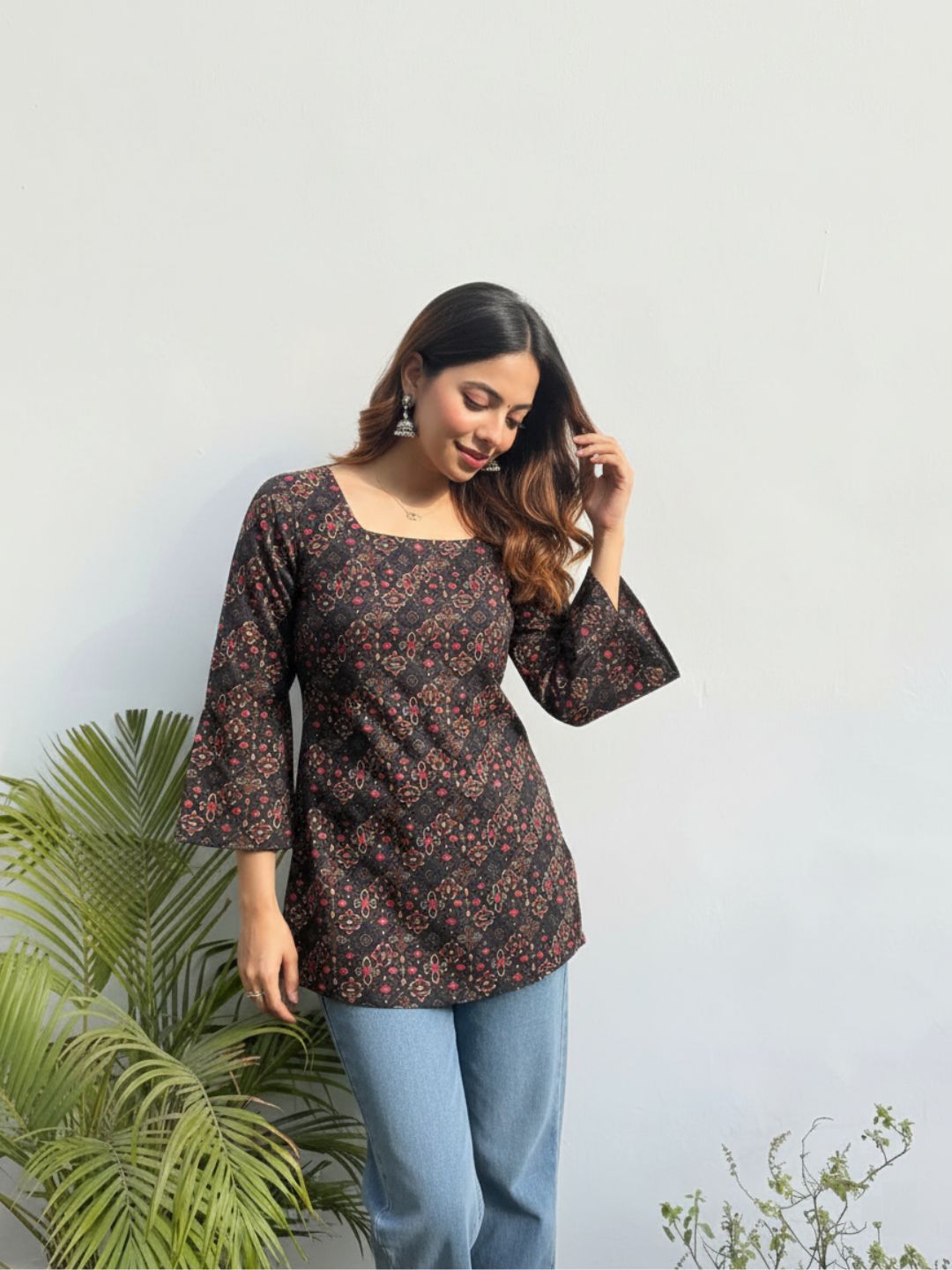 Black & Rust Floral Tunic – Square Neck, 3/4 sleeve