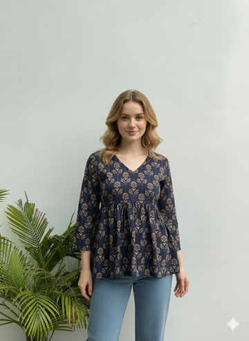 Cotton Printed Peplum Tunic | Navy Block-Style Floral