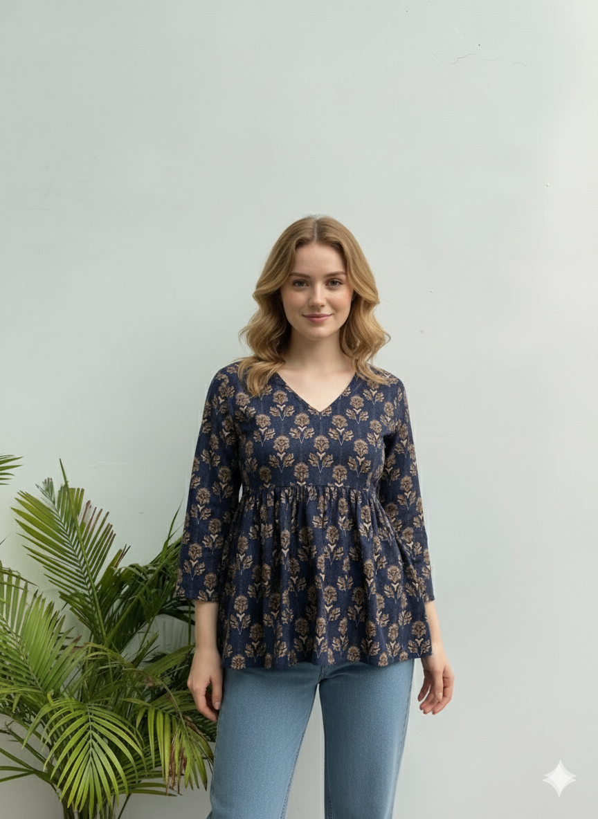 Cotton Printed Peplum Tunic | Navy Block-Style Floral