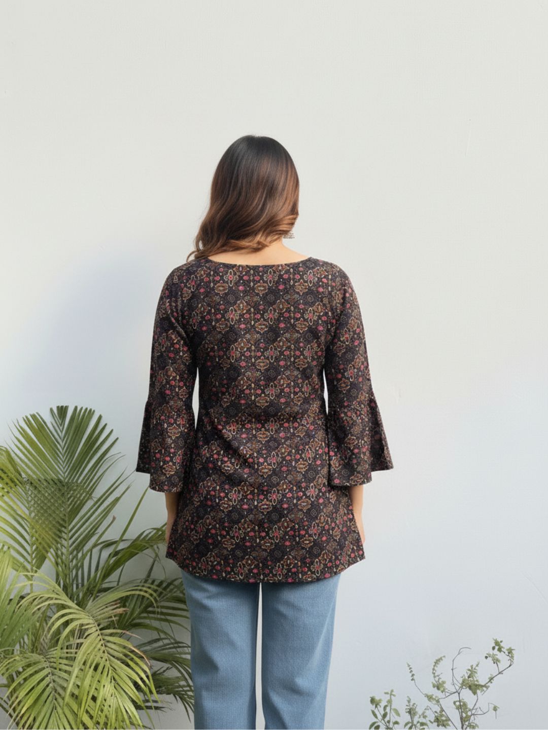 Black & Rust Floral Tunic – Square Neck, 3/4 sleeve