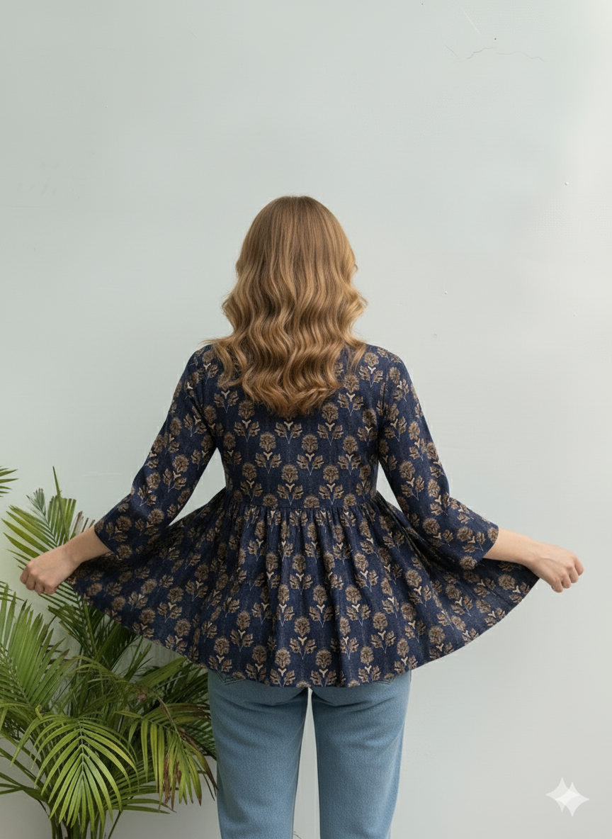 Cotton Printed Peplum Tunic | Navy Block-Style Floral