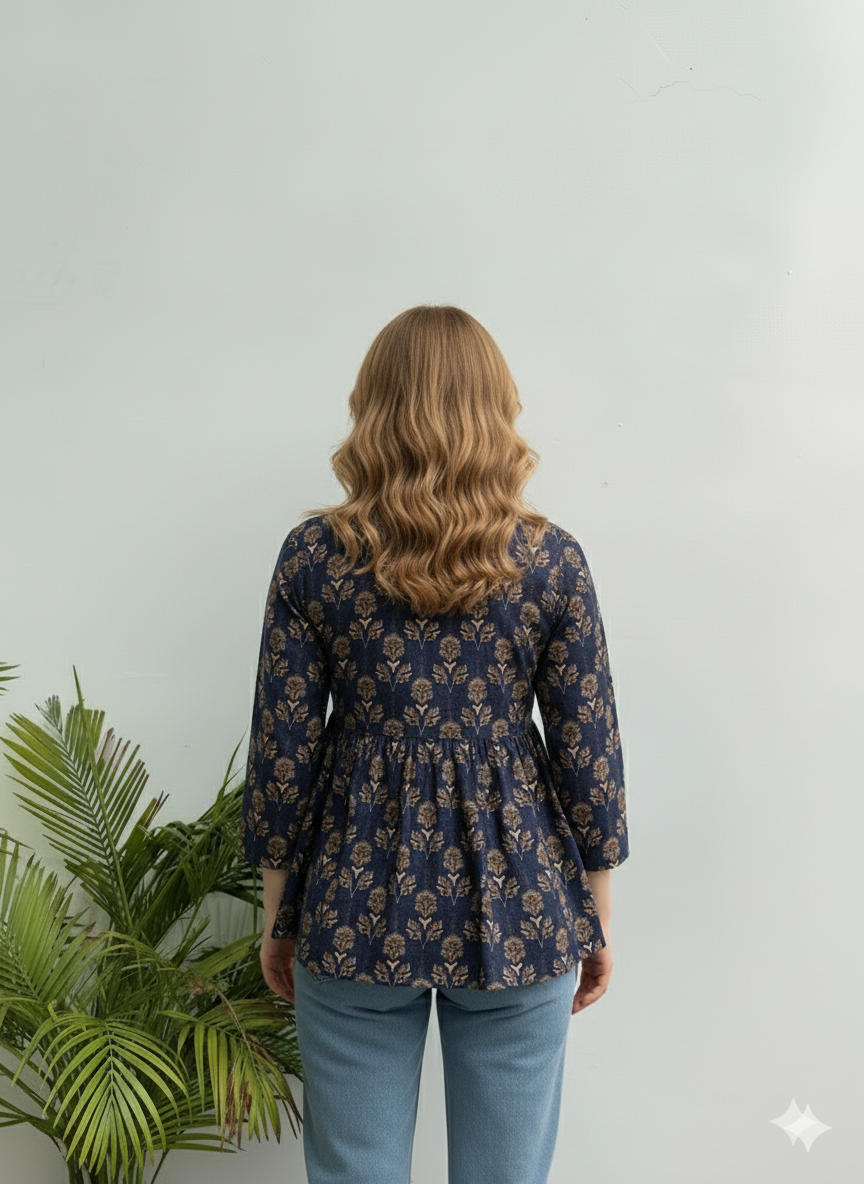 Cotton Printed Peplum Tunic | Navy Block-Style Floral