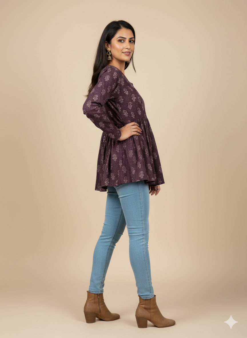 Navy Floral Cotton Peplum Tunic (Round Neck, Long Sleeves)
