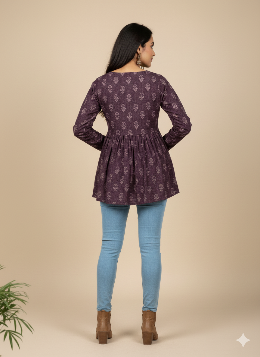 Navy Floral Cotton Peplum Tunic (Round Neck, Long Sleeves)