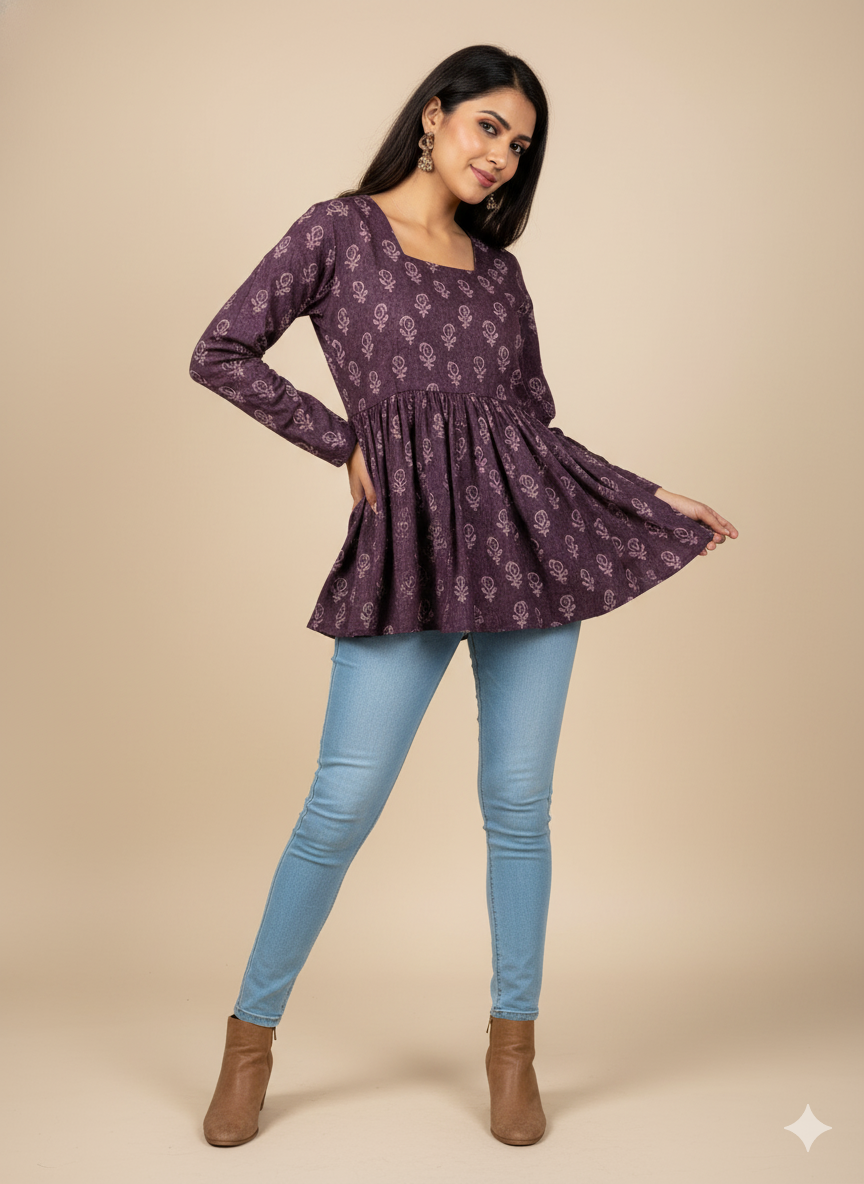Navy Floral Peplum Tunic (Round Neck, 3/4 sleeve)