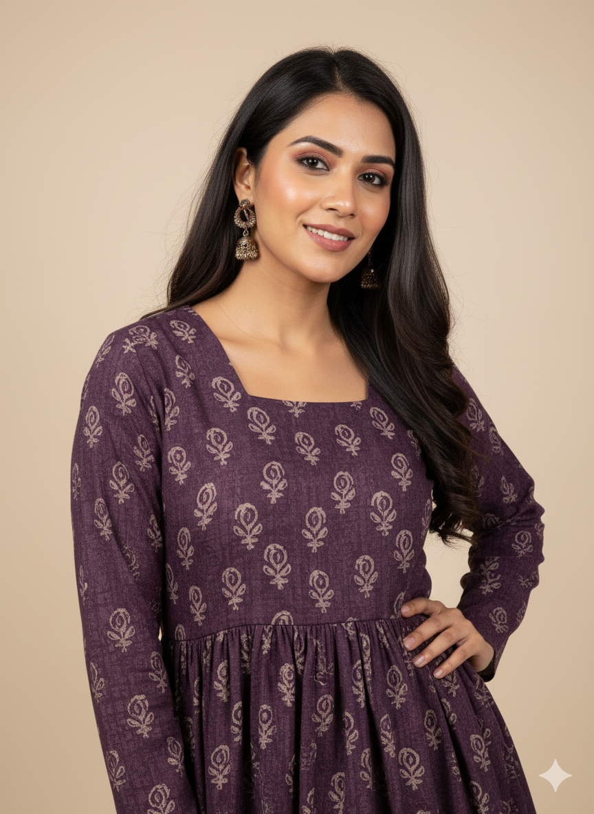 Navy Floral Cotton Peplum Tunic (Round Neck, Long Sleeves)