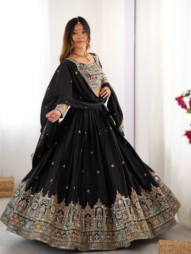 Sequence Embroidery Work Crepe Chinon Black Lehenga Choli For Wedding