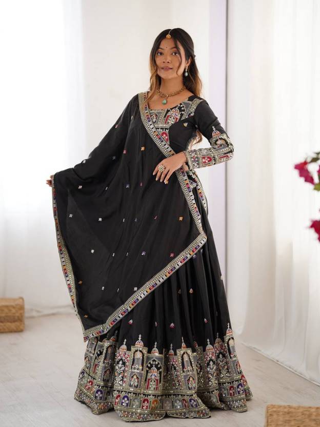 Sequence Embroidery Work Crepe Chinon Black Lehenga Choli For Wedding
