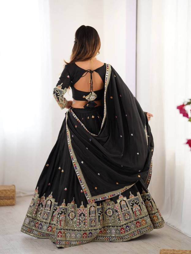 Sequence Embroidery Work Crepe Chinon Black Lehenga Choli For Wedding