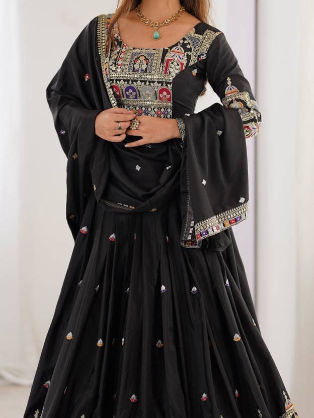 Sequence Embroidery Work Crepe Chinon Black Lehenga Choli For Wedding