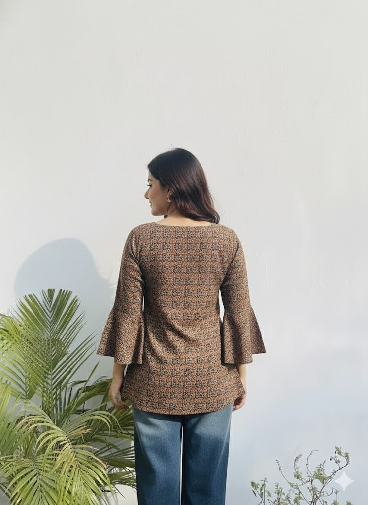 Coffee Brown Tunic with Bell Sleeves & Square Neck (3/4 sleeve, Hip Length, Side Slits)