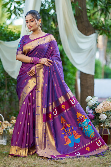 Embrocation Purple Paithani Silk Saree With Admirable Blouse Piece