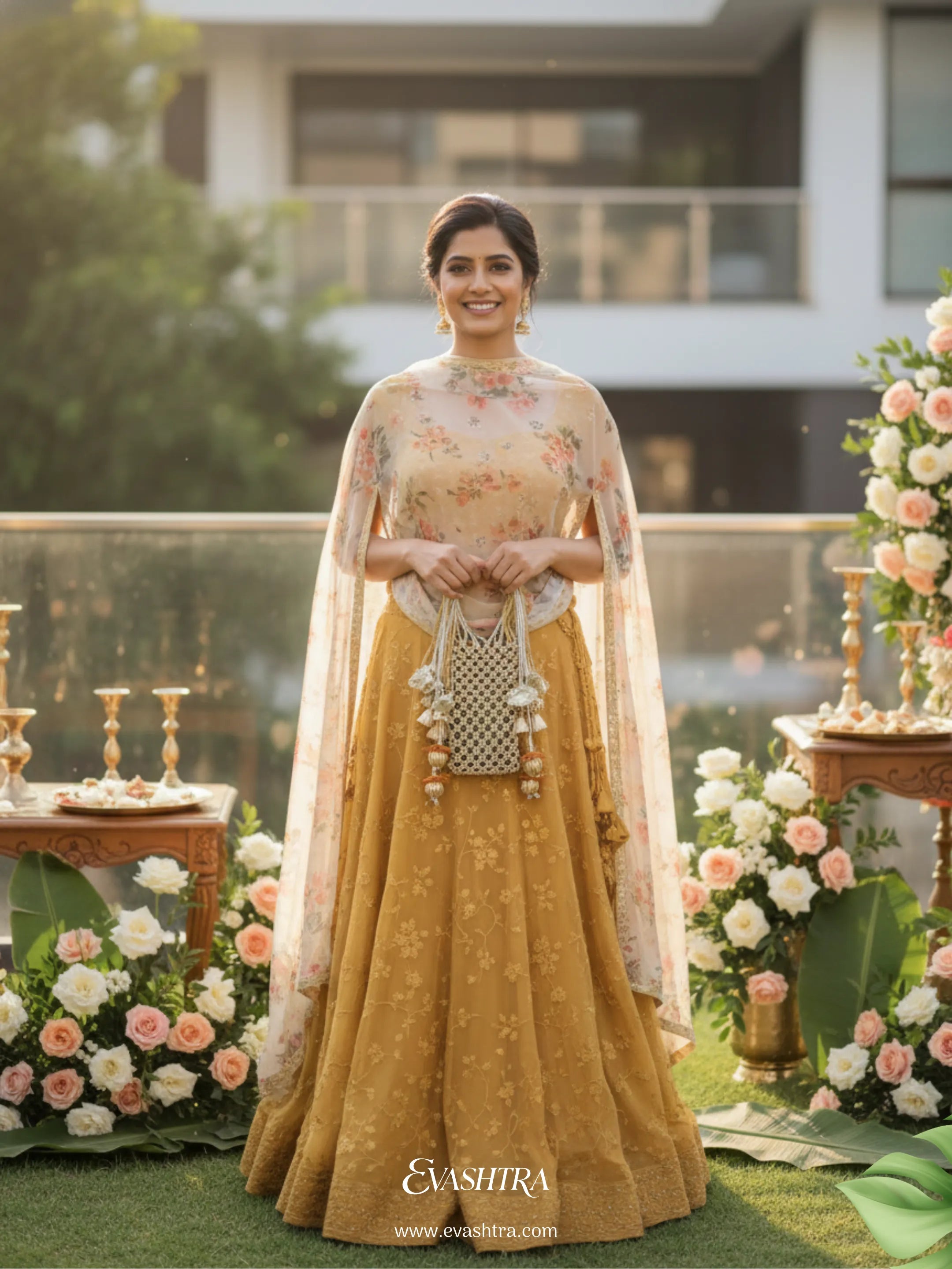 Woman in traditional outfit with floral design standing in a decorated outdoor setting.