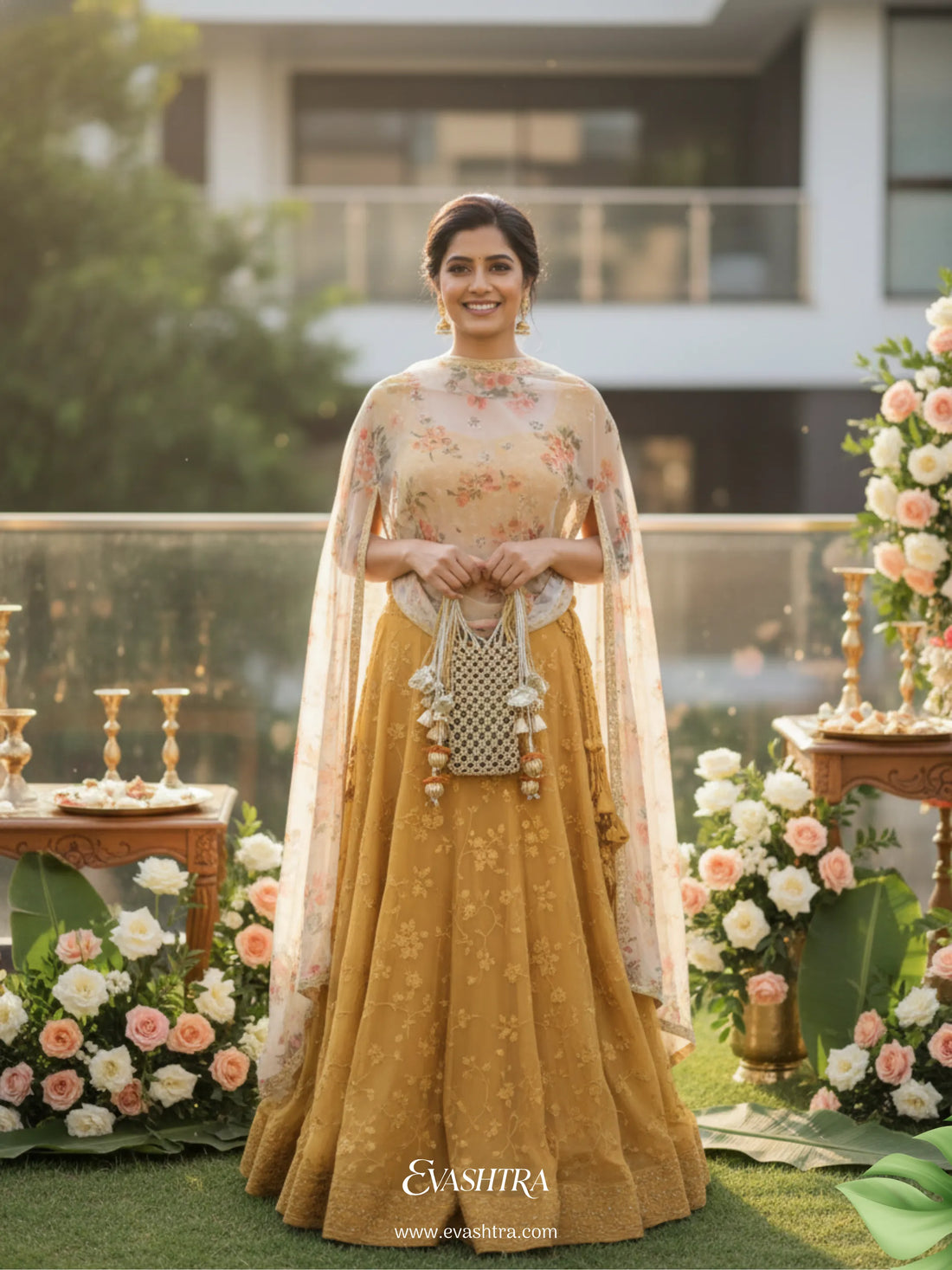Woman in traditional outfit with floral design standing in a decorated outdoor setting.