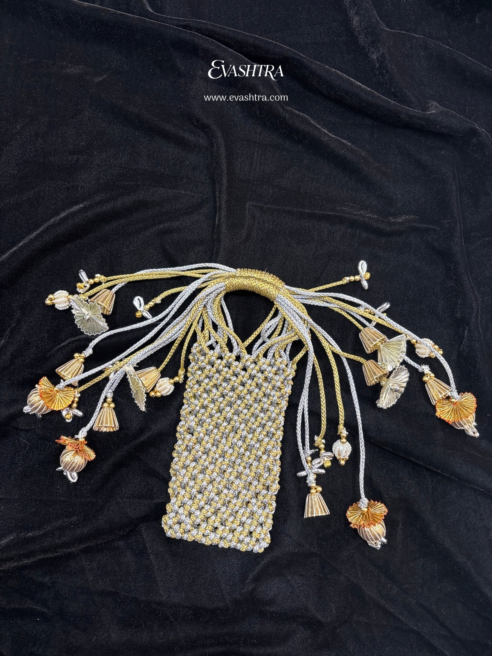Gold & Silver Beaded Potli Mobile Pouch with Tassels