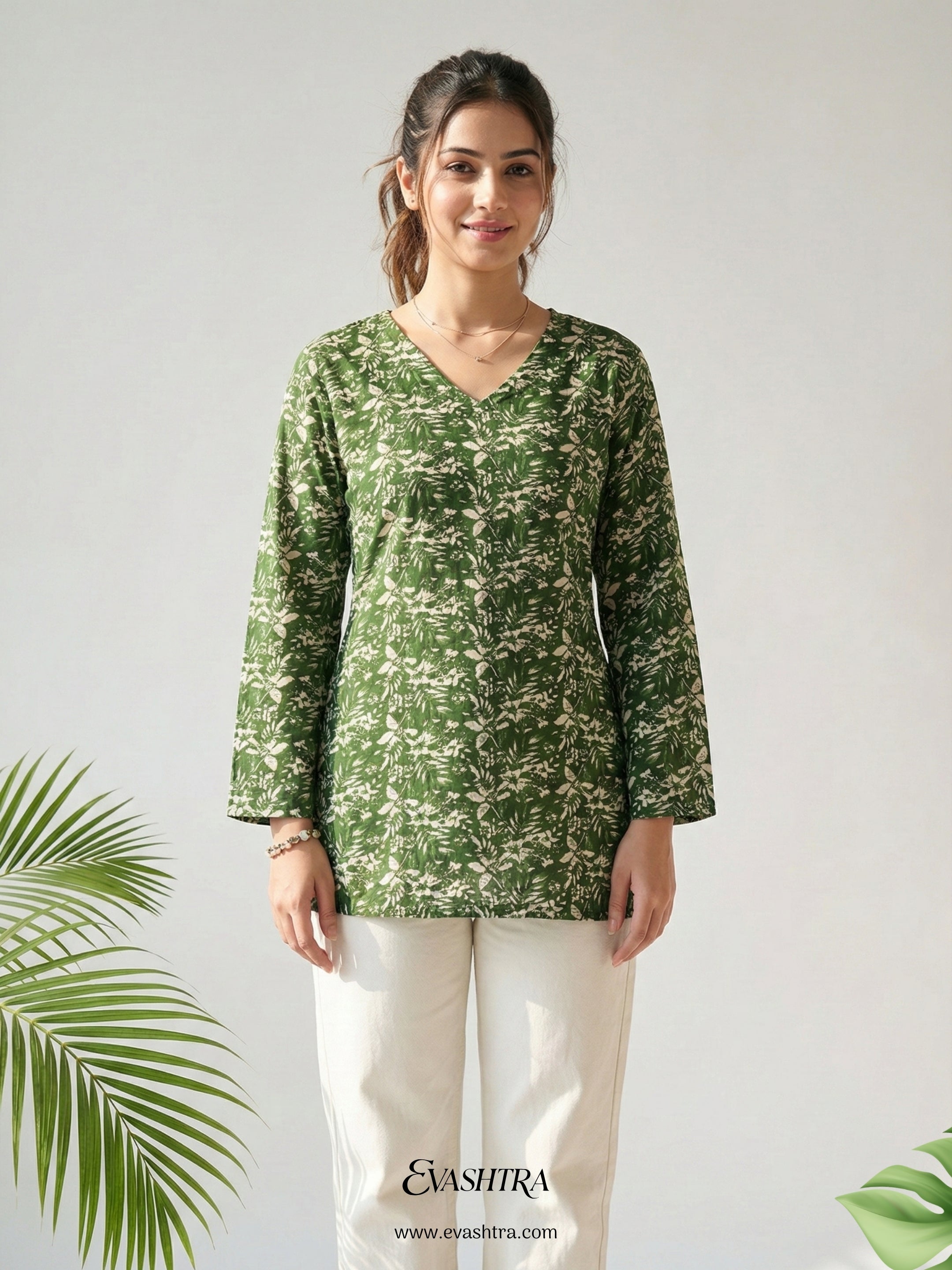 Verdant Green Leafy Rayon Tunic