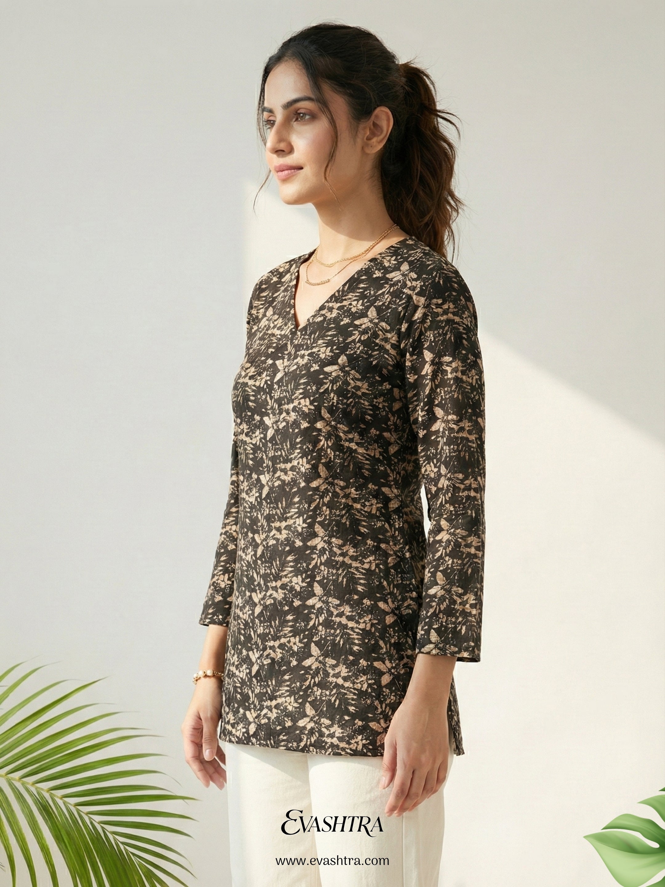 Verdant Jet Black Leafy Rayon Tunic
