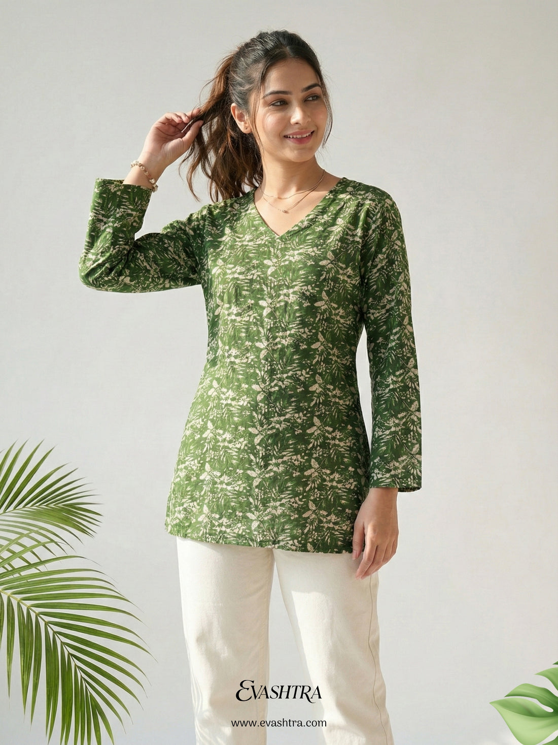 Verdant Green Leafy Rayon Tunic