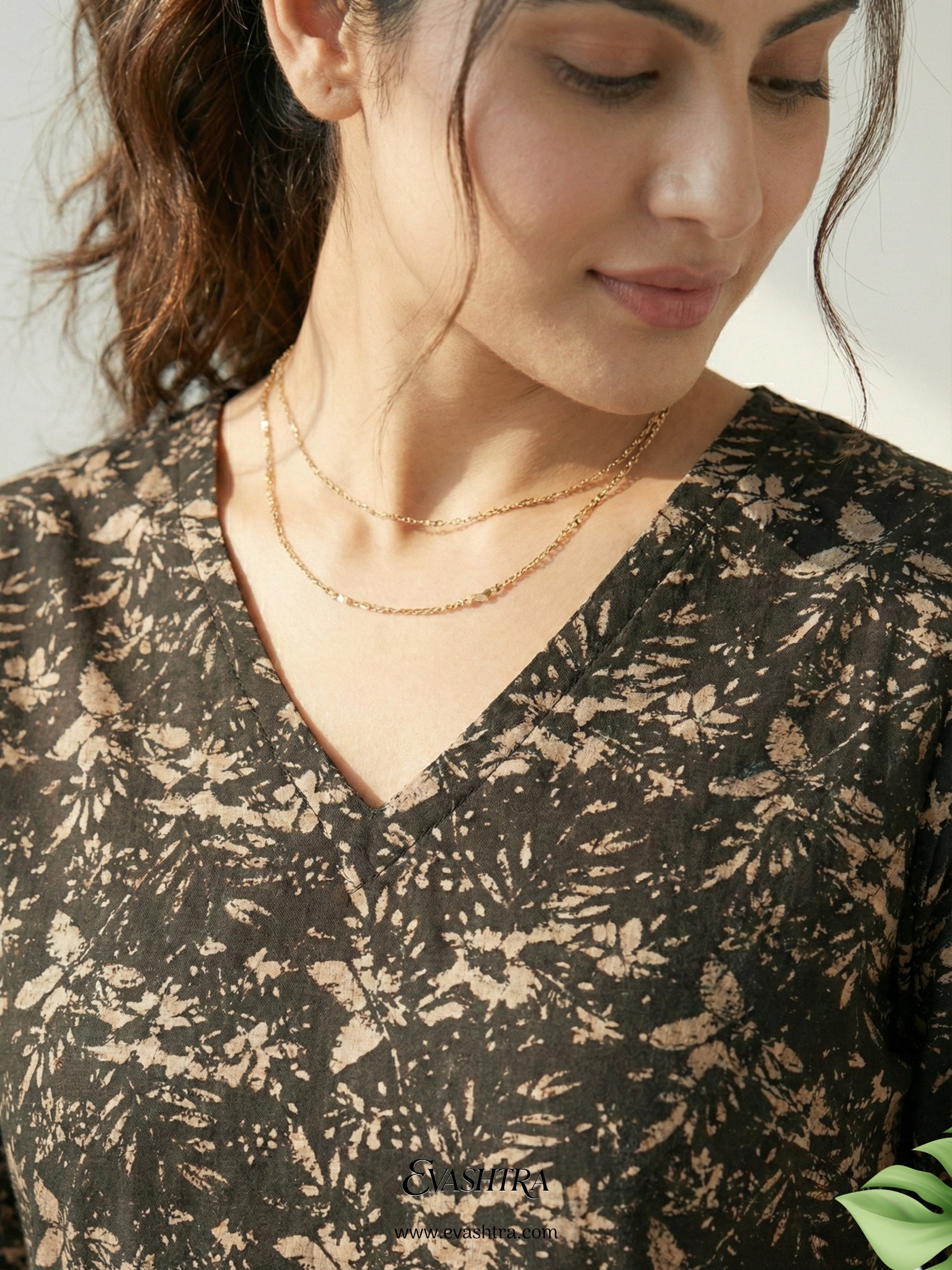 Verdant Jet Black Leafy Rayon Tunic