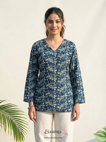 Verdant Indigo Blue Leafy Rayon Tunic