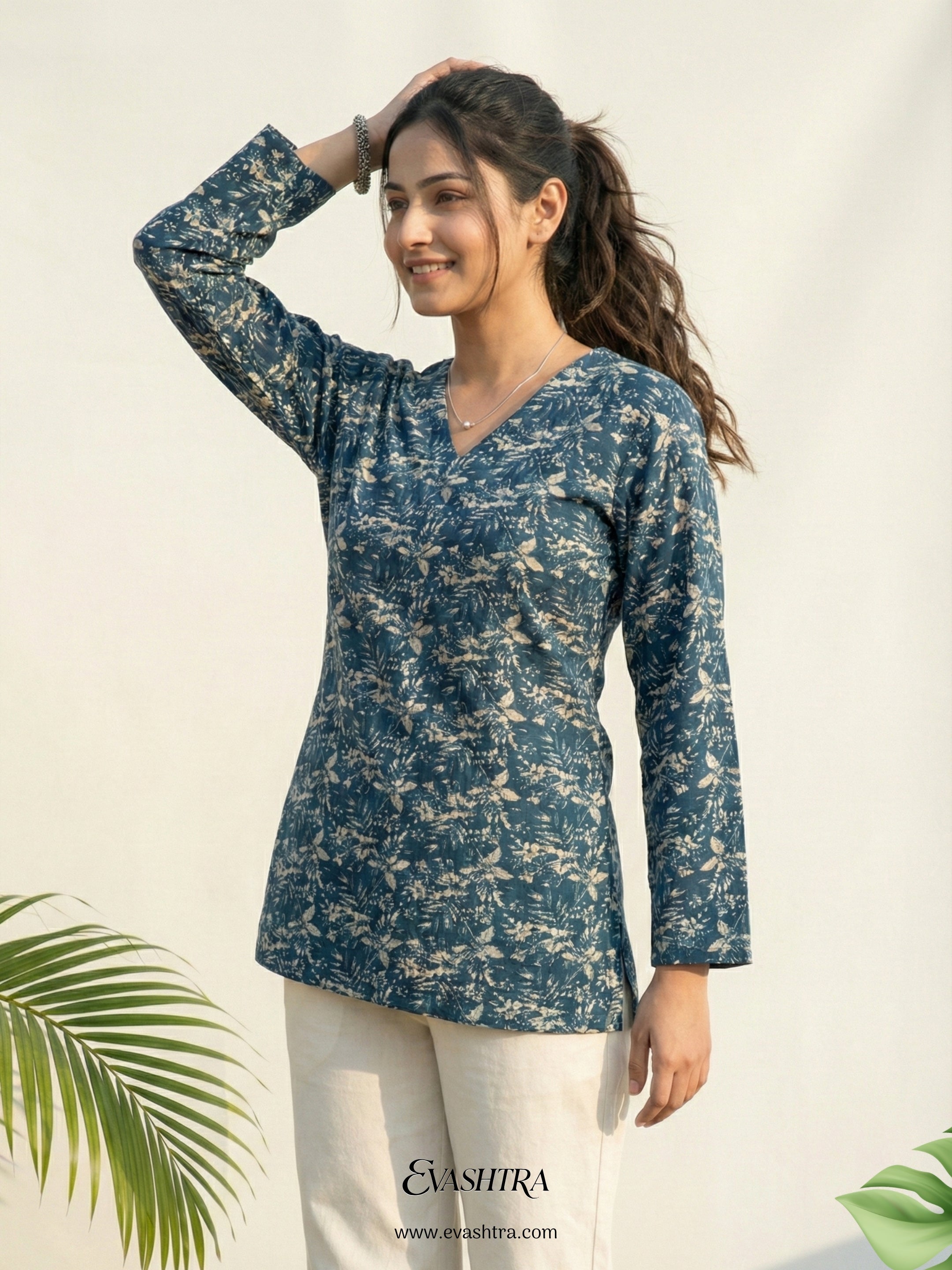 Verdant Indigo Blue Leafy Rayon Tunic