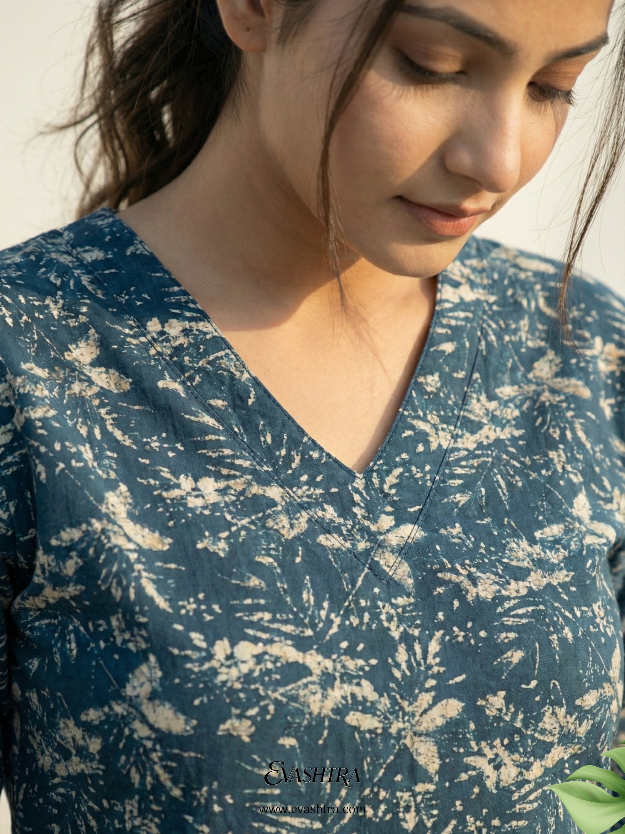 Verdant Indigo Blue Leafy Rayon Tunic