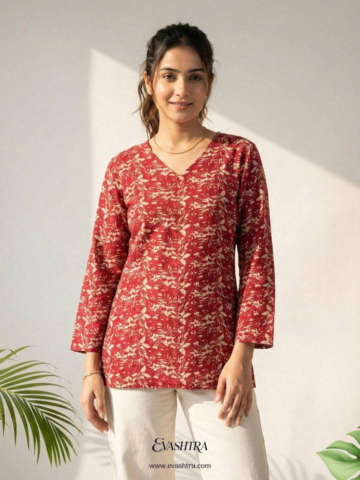 Woman wearing a red patterned top with white pants against a light background