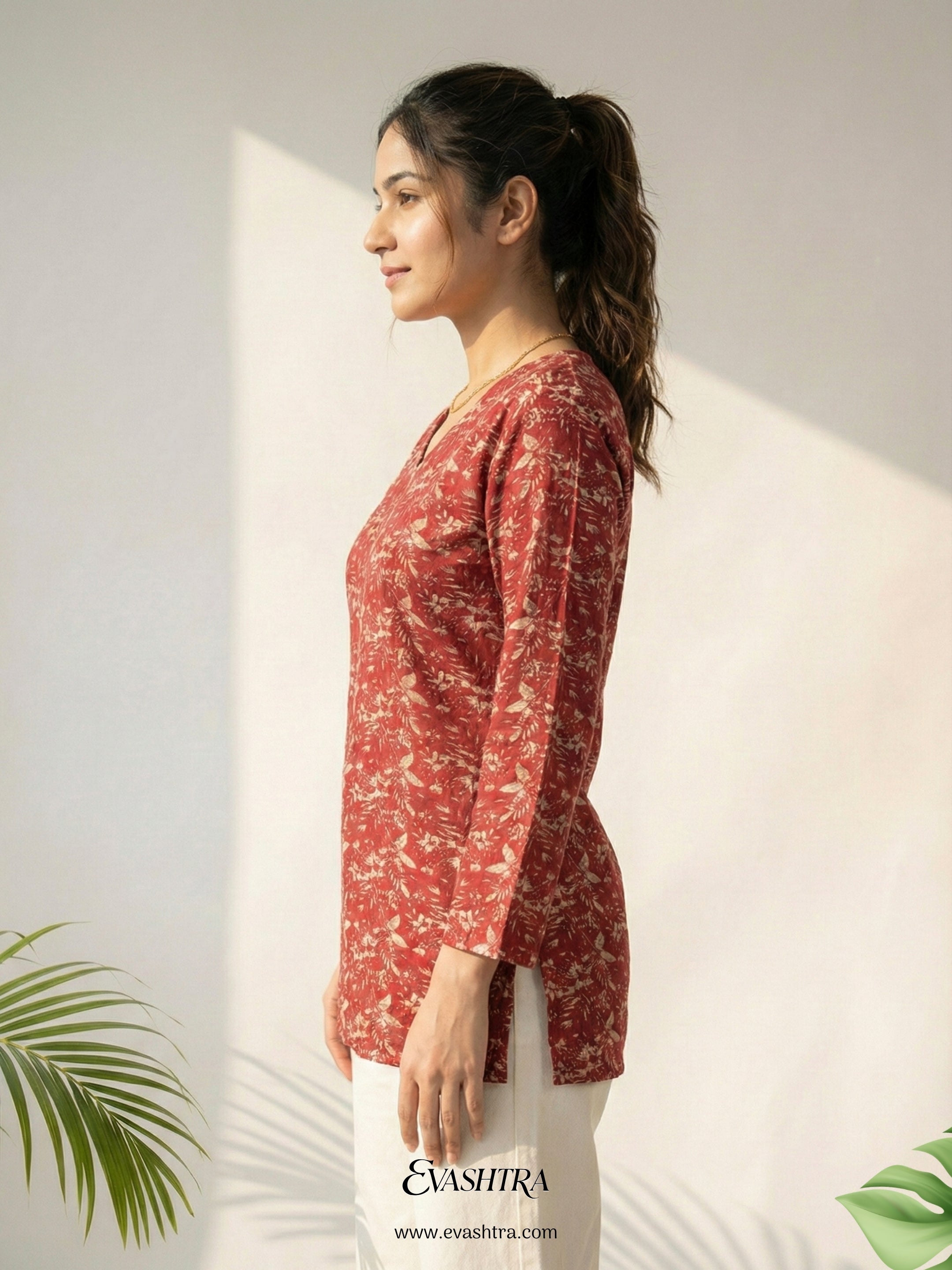 Verdant Red Fern Leafy Rayon Tunic