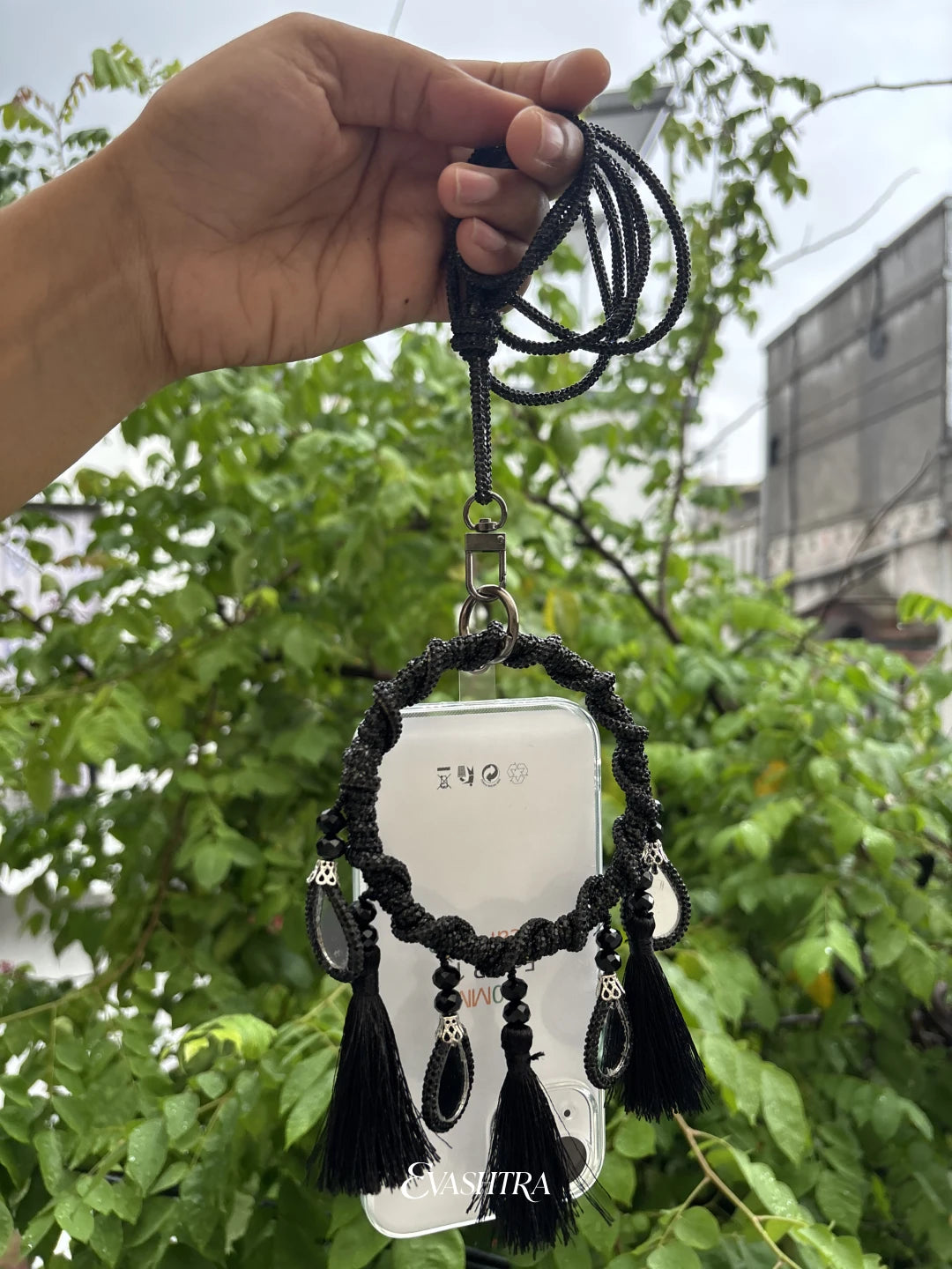 Midnight Black Rhinestone Mobile Sling Bag with Tassels  & Mirror