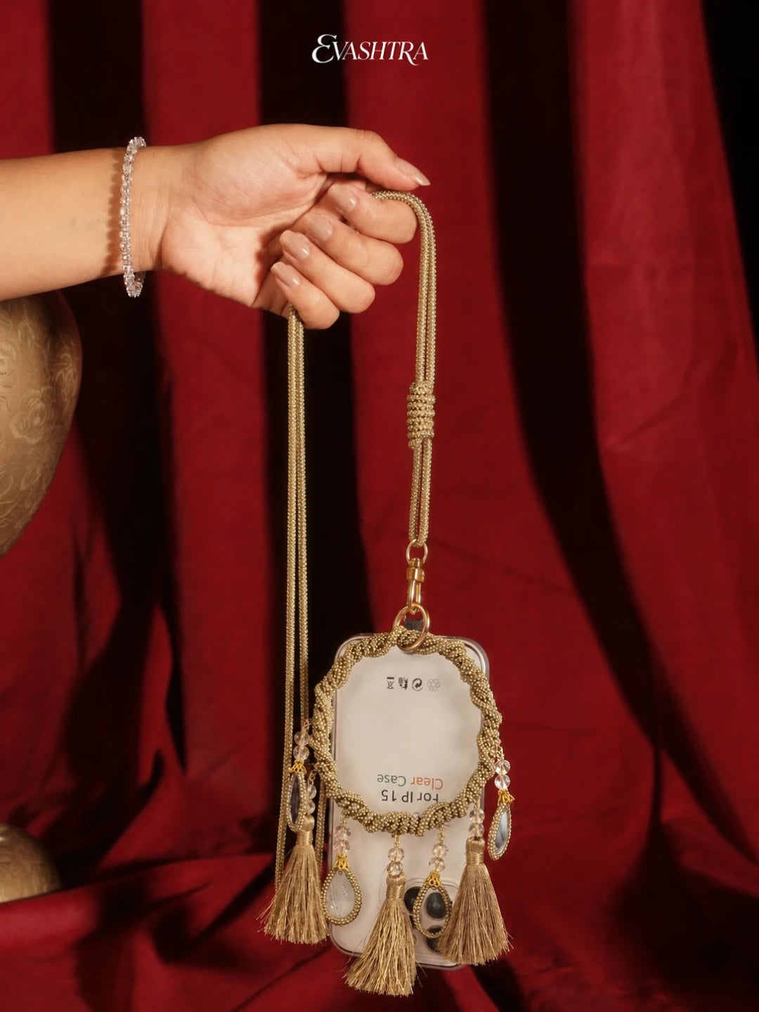 Yellow Rhinestone Mobile Sling Bag with Tassels & Mirror