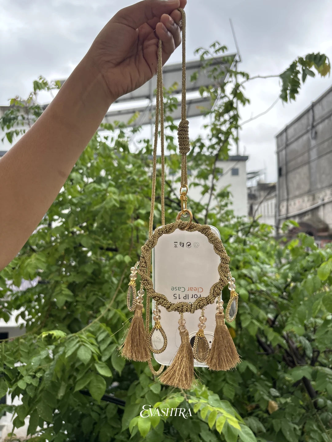 Yellow Rhinestone Mobile Sling Bag with Tassels & Mirror