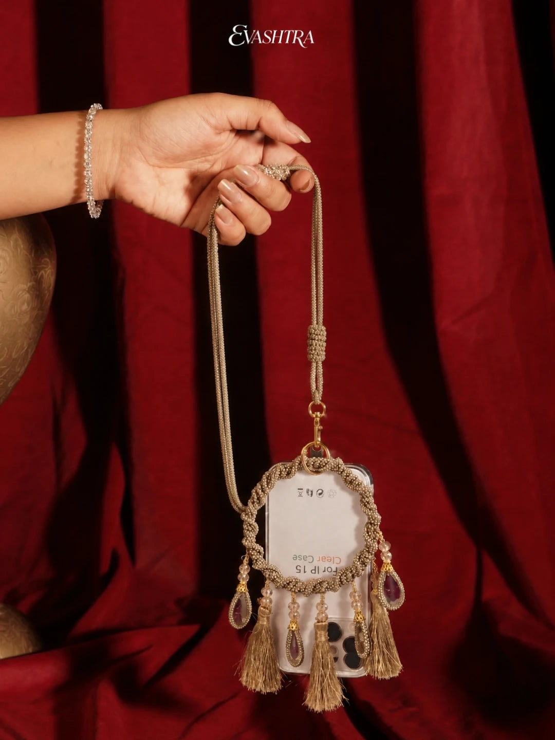 Gold Rhinestone Mobile Sling Bag with Tassels & Mirror