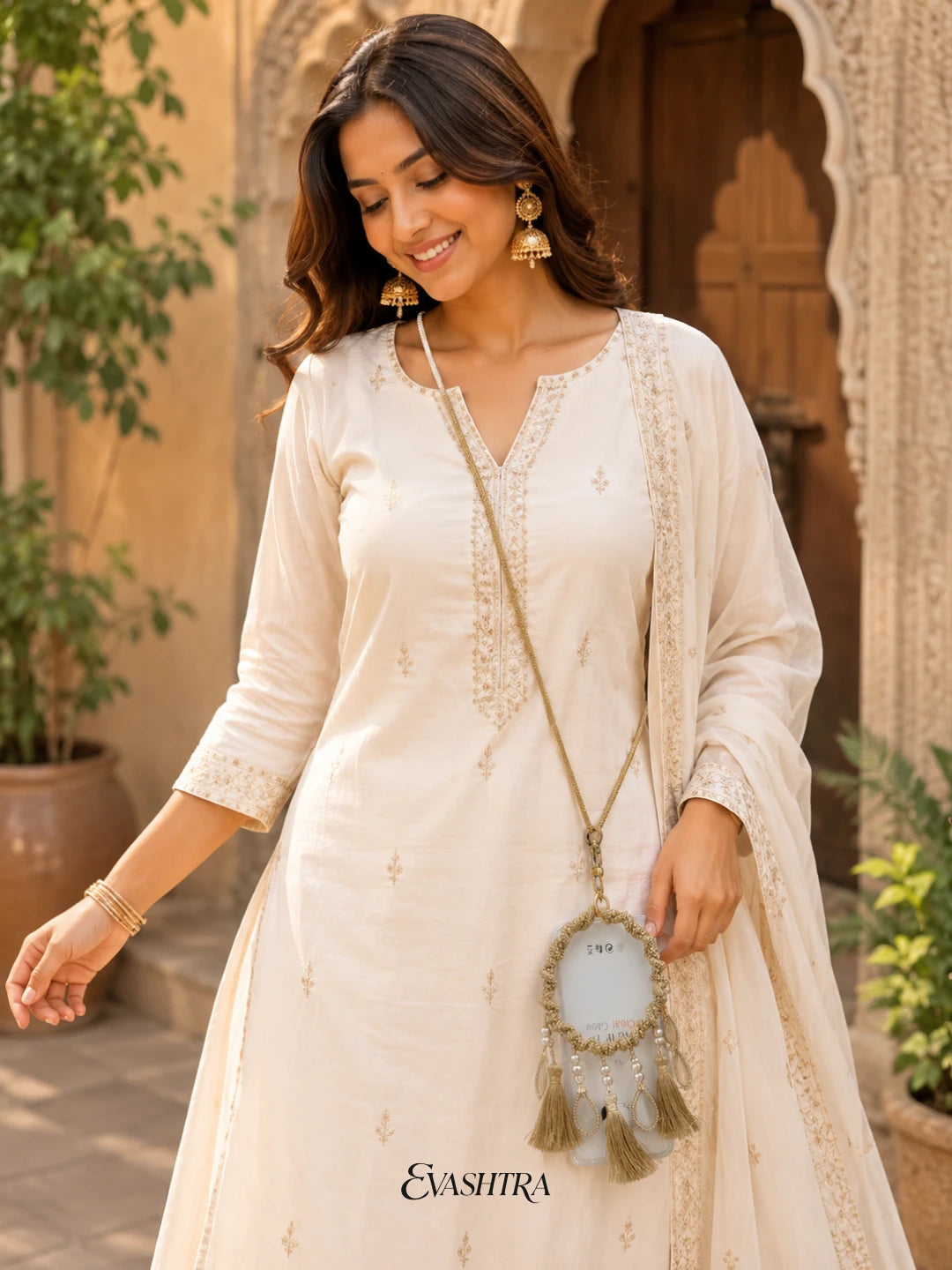 Gold Rhinestone Mobile Sling Bag with Tassels & Mirror