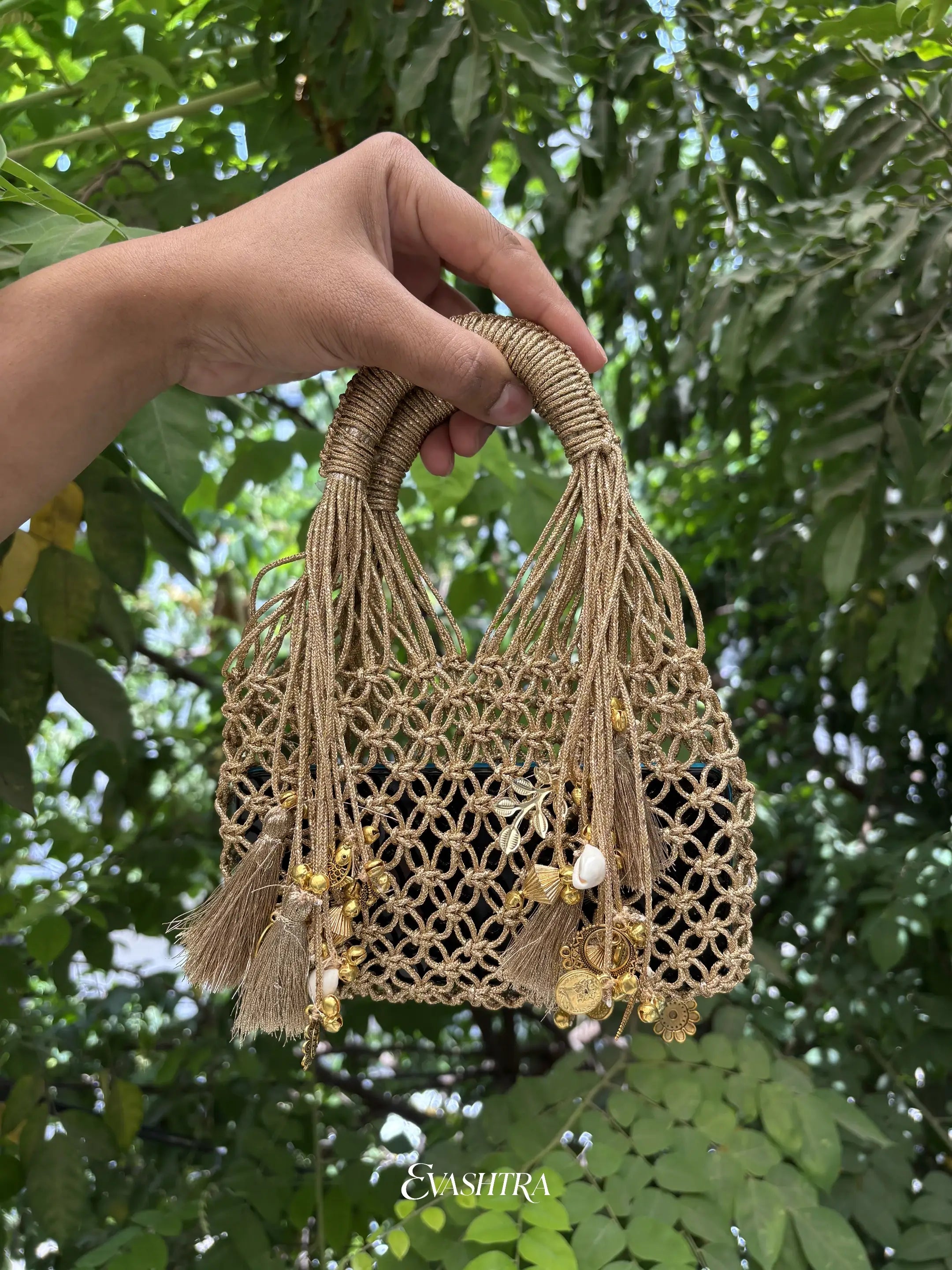 The Heritage Gold Macramé Charms Mobile Bag
