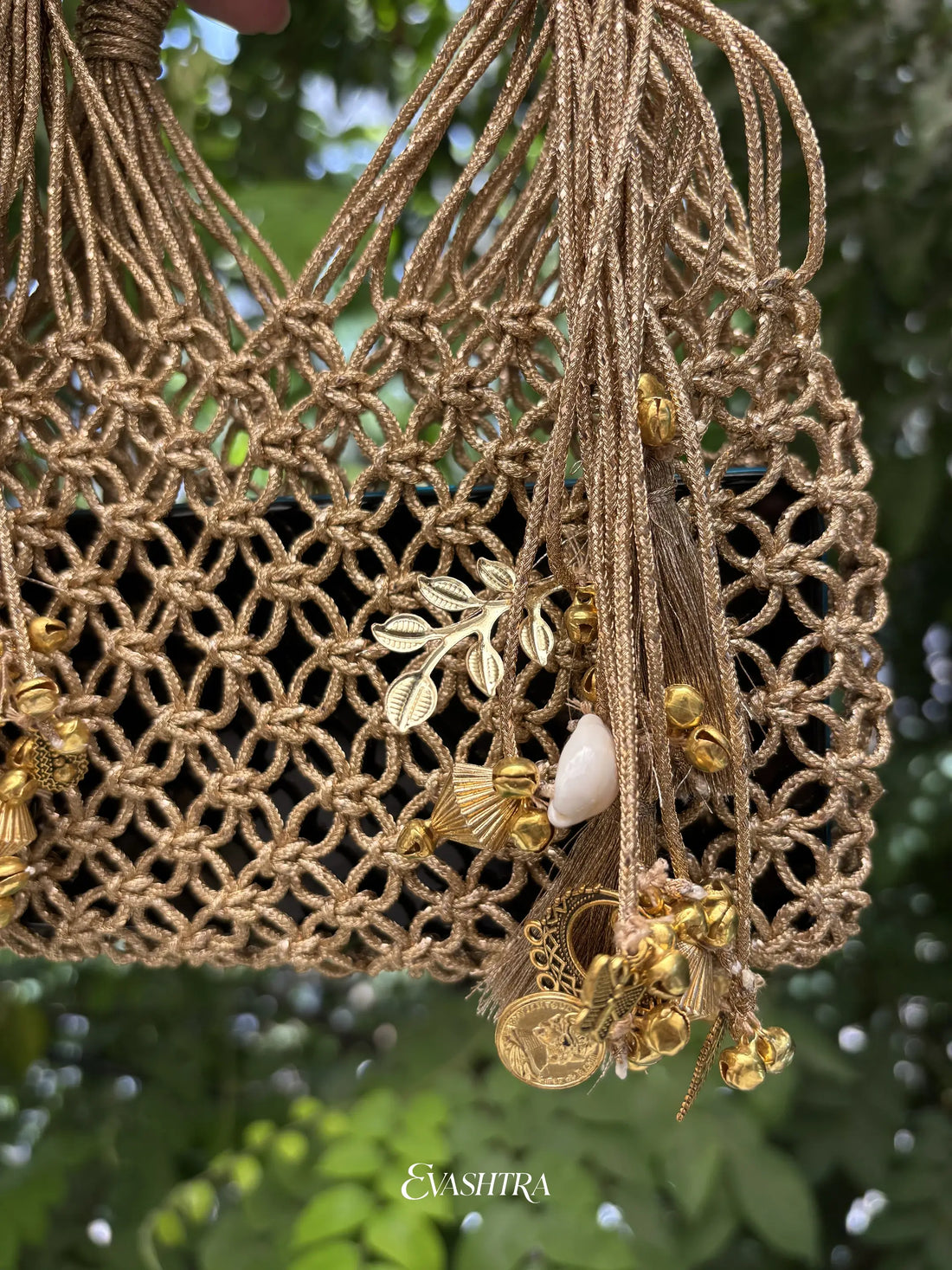 The Heritage Gold Macramé Charms Mobile Bag
