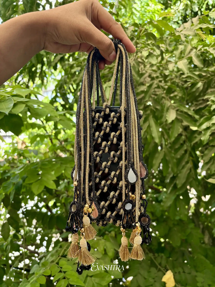 Black & Gold Rhinestone with Teardrop Mirrors & Tassels