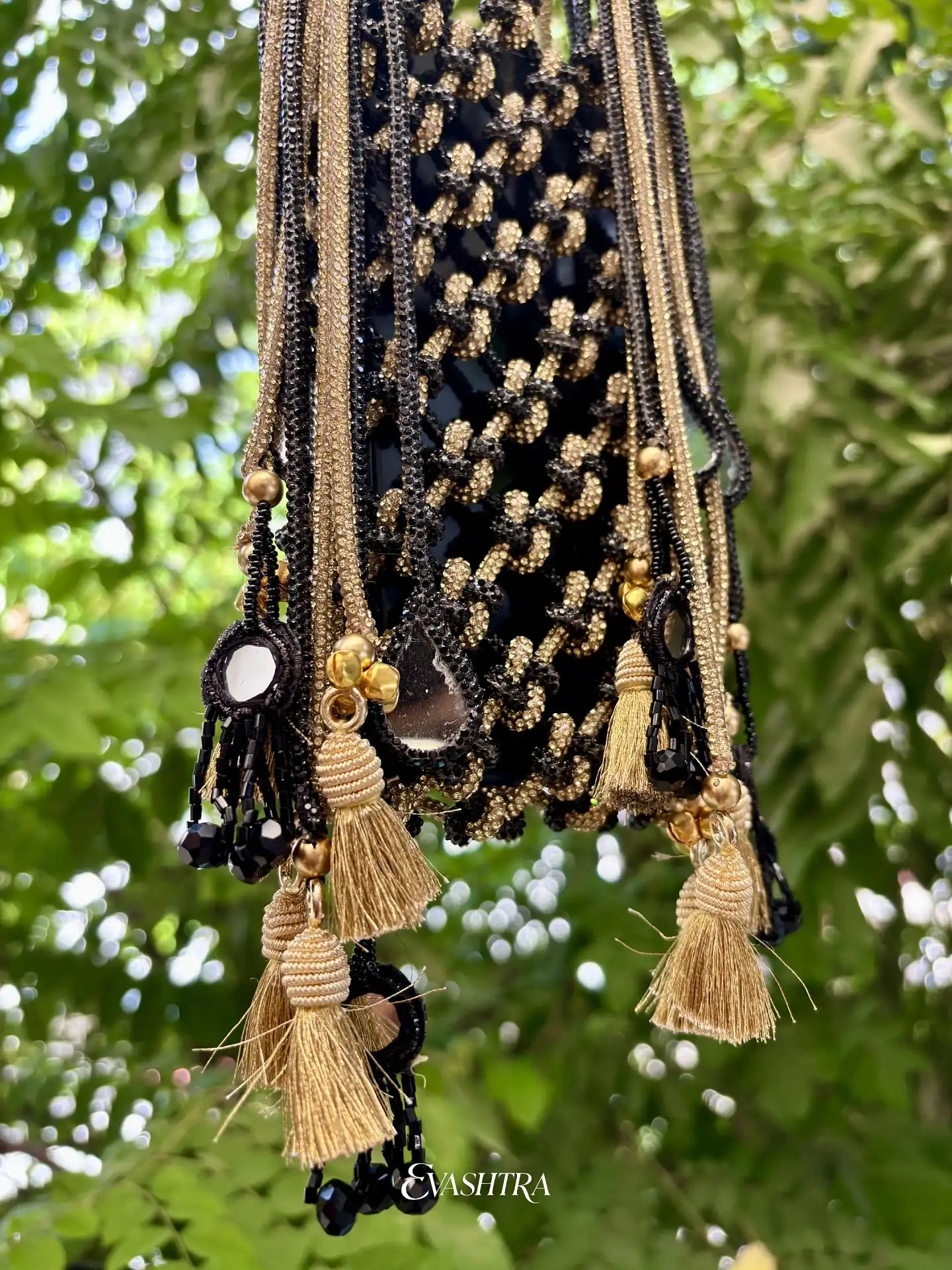Black & Gold Rhinestone with Teardrop Mirrors & Tassels