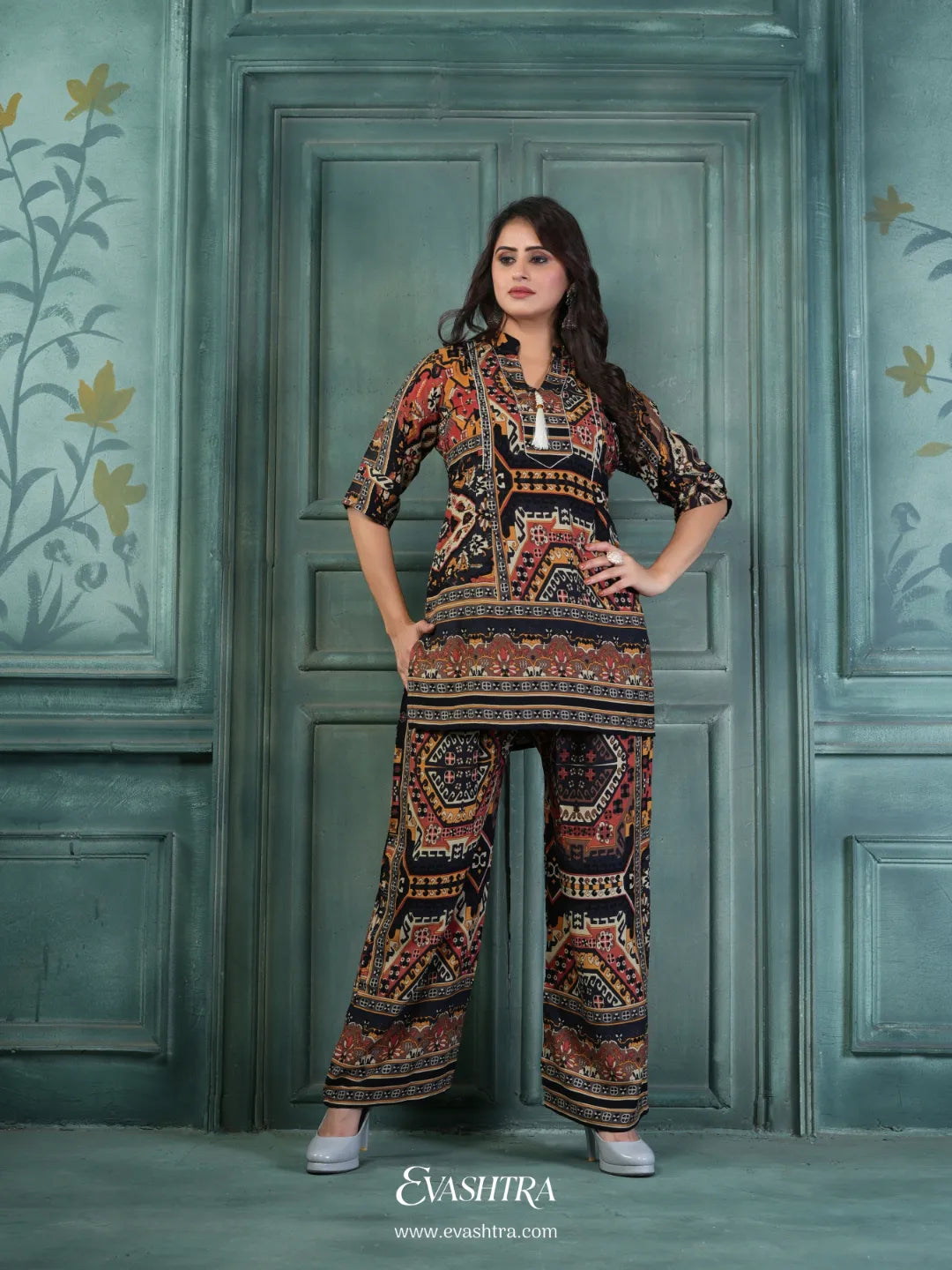 Woman wearing a patterned coord set 1