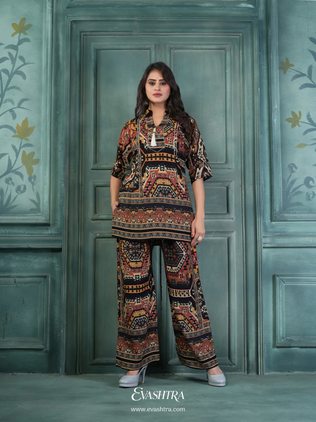 Woman wearing a patterned coord set 2