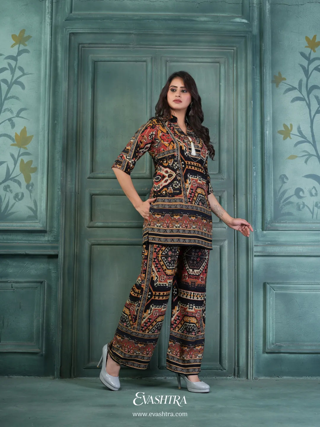 Woman wearing a patterned coord set 3