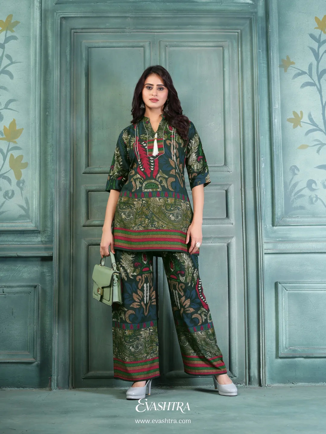 Green Ethnic Print Rayon Co-ord Set for Women | Casual & Festive Wear