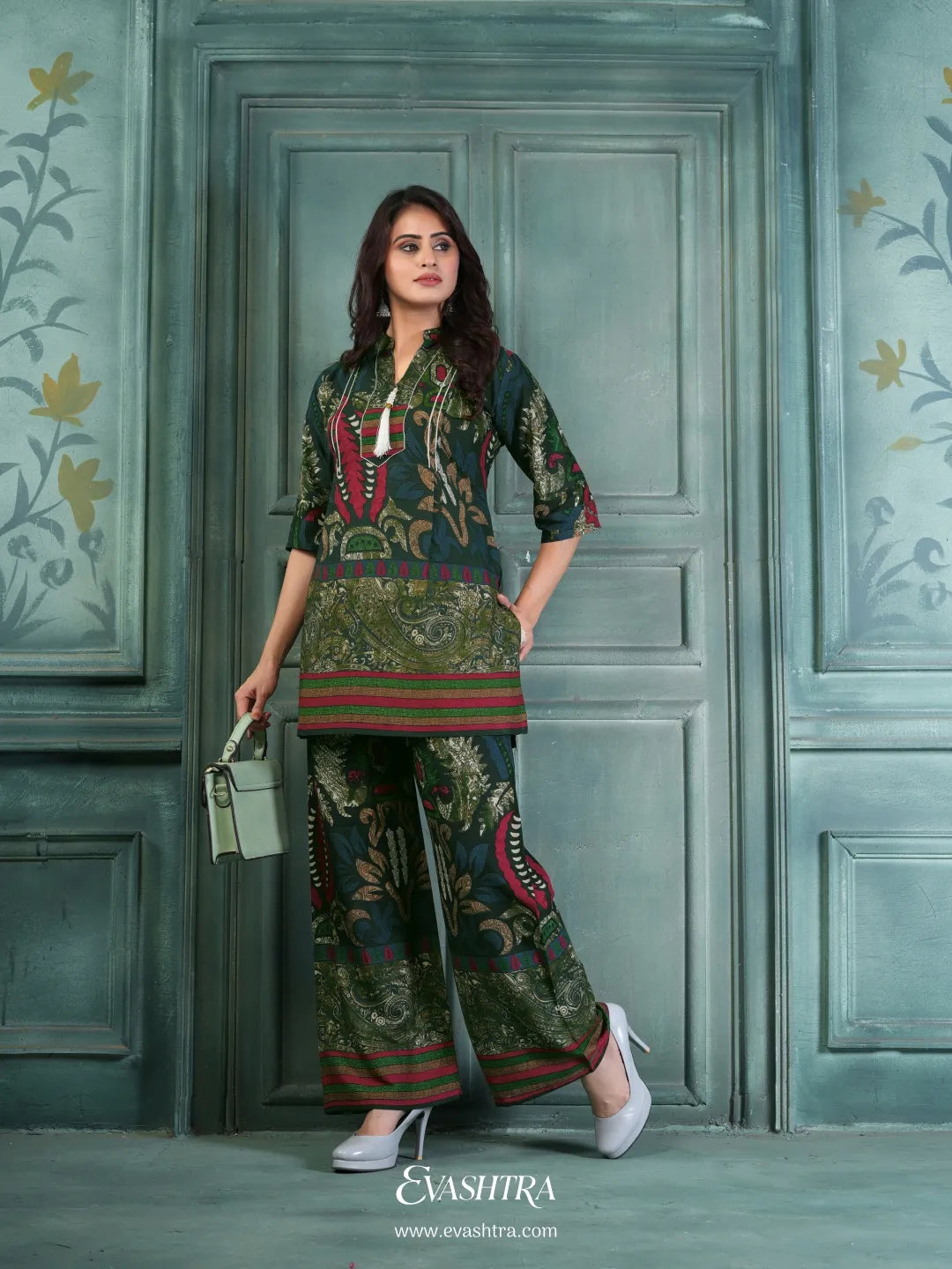 Green Ethnic Print Rayon Co-ord Set for Women | Casual & Festive Wear