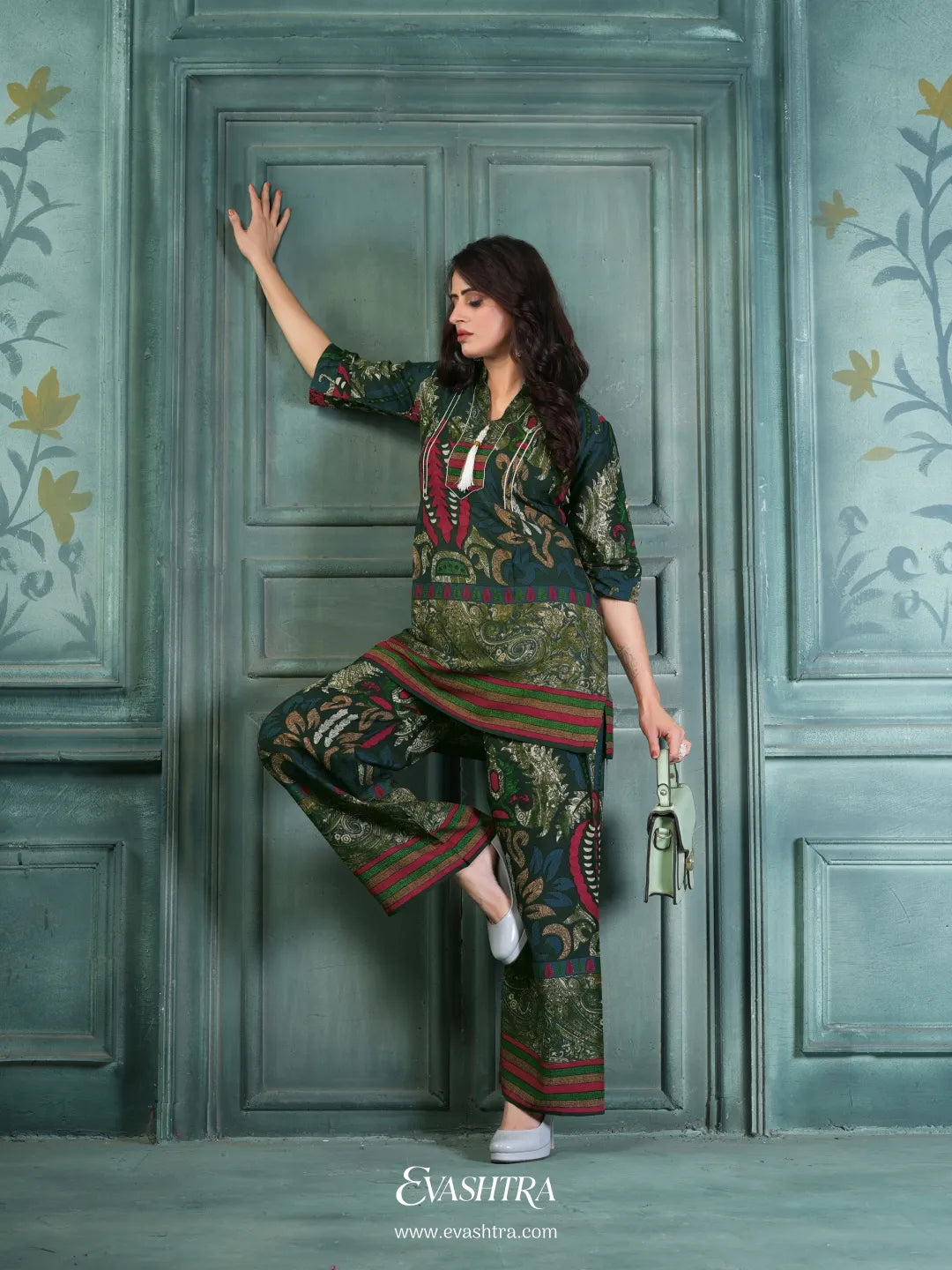 Green Ethnic Print Rayon Co-ord Set for Women | Casual & Festive Wear