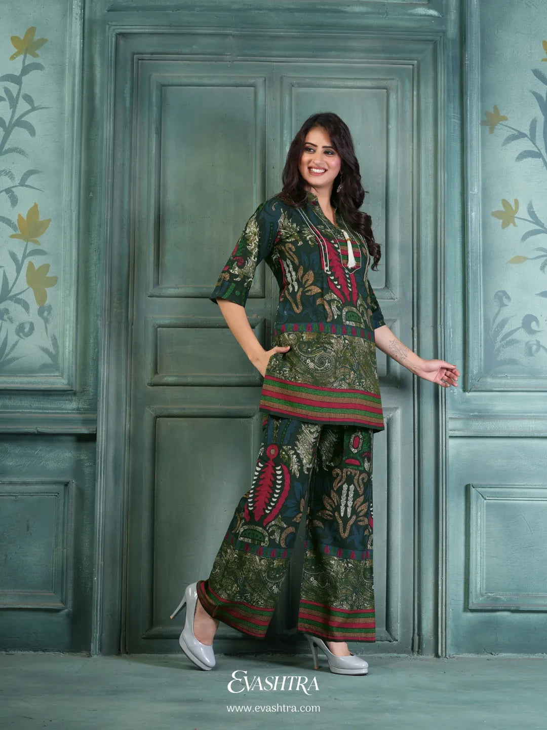 Green Ethnic Print Rayon Co-ord Set for Women | Casual & Festive Wear