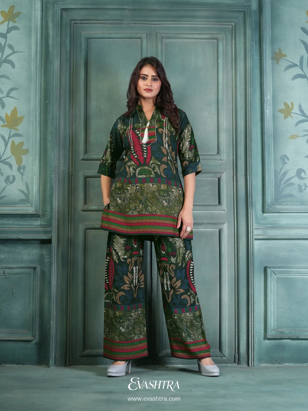 Green Ethnic Print Rayon Co-ord Set for Women | Casual & Festive Wear