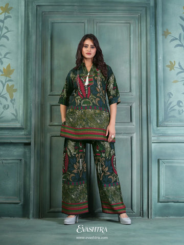 Green Ethnic Print Rayon Co-ord Set for Women | Casual & Festive Wear